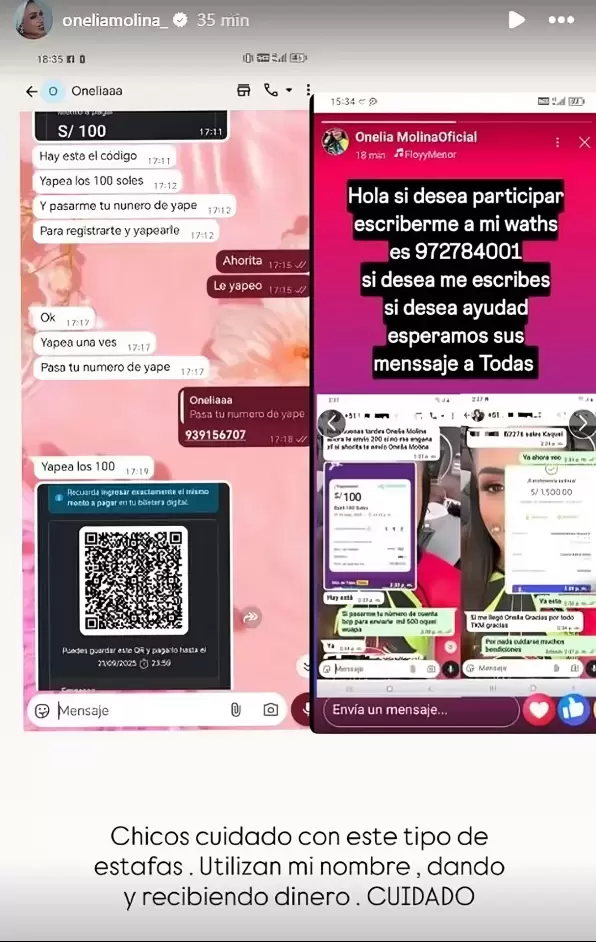 Onelia Molina advierte a seguidores por estafa. (Captura: Instagram)
