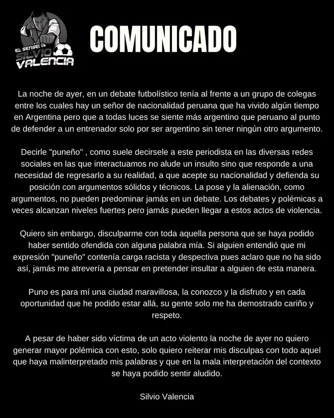 Comunicado Silvio Valencia. Fuente: @SilvioValencia2