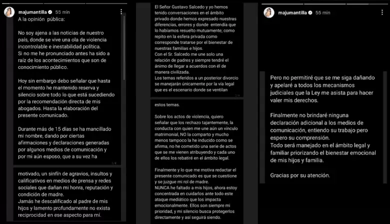 Maju Mantilla lanza extenso comunicado tras declaraciones de Gustavo Salcedo. (Instagram)
