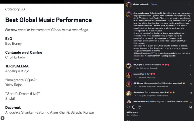 Ciro Hurtado celebra nominación a Grammy 2026. (Instagram)