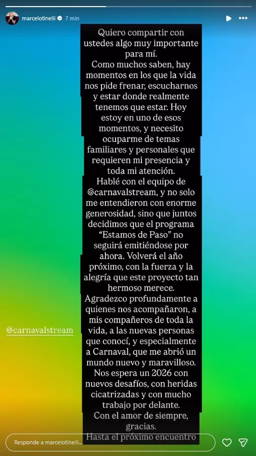 Marcelo Tinelli anuncia pausa indefinida de su programa de streaming. (Instagram)