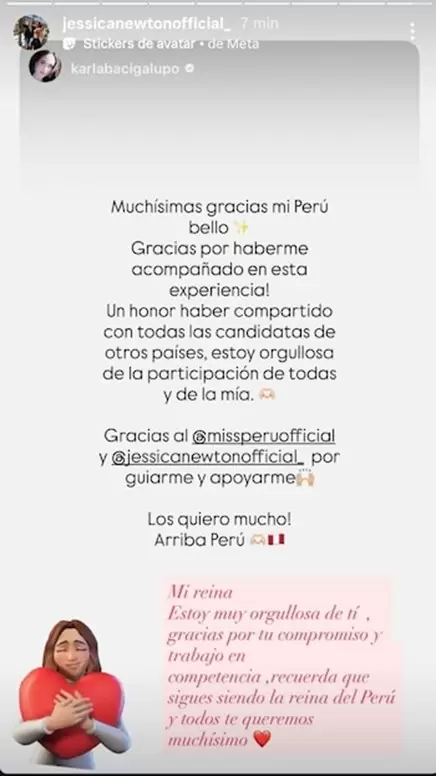 Jessica Newton comparte historia de Karla Bacigalupo. (Instagram)