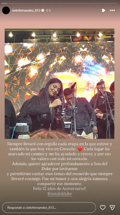 Cielo Fernández se pronuncia tras presentación con Son del Duke. (Instagram)