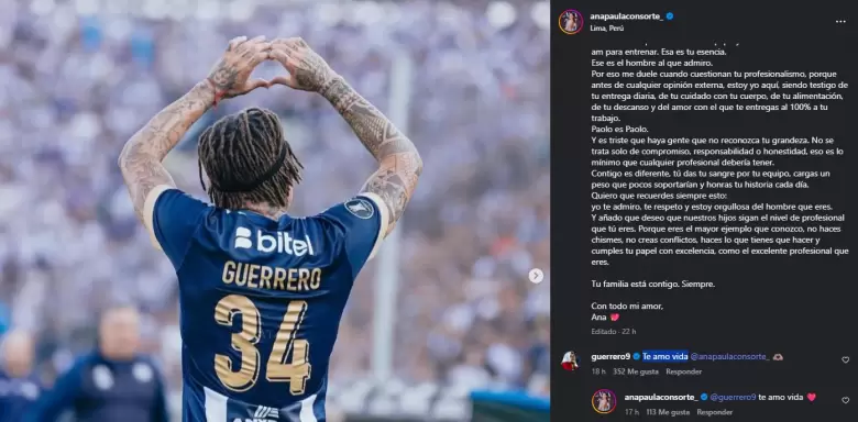 Paolo Guerrero comenta la carta de Ana Paula Consorte y ella le responde. (Instagram)