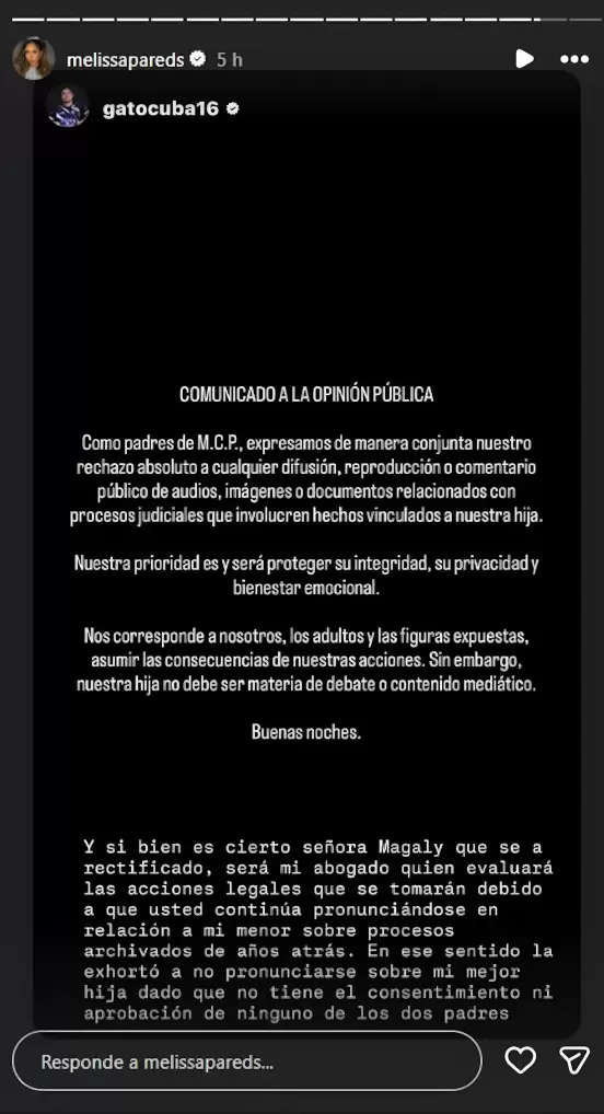 Comunicado conjunto de Rodrigo Cuba y Melissa Paredes.