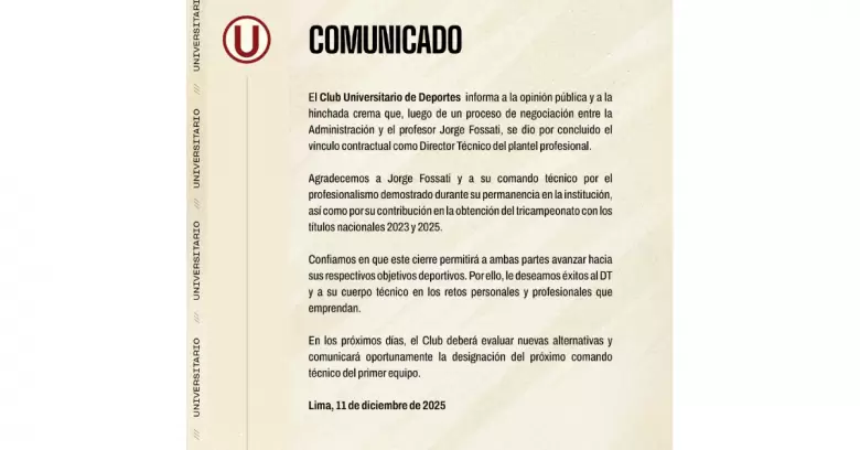 Universitario confirmó la partida de Jorge Fossati