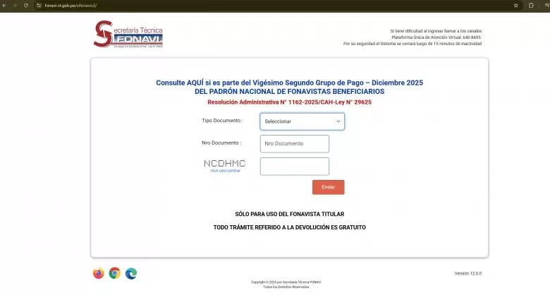 Plataforma para consultar la lista 22 del Fonavi. (Captura de pantalla)