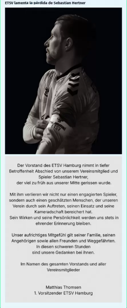 ETSV Hamburg lamenta la p�rdida de Sebastian Hertner.