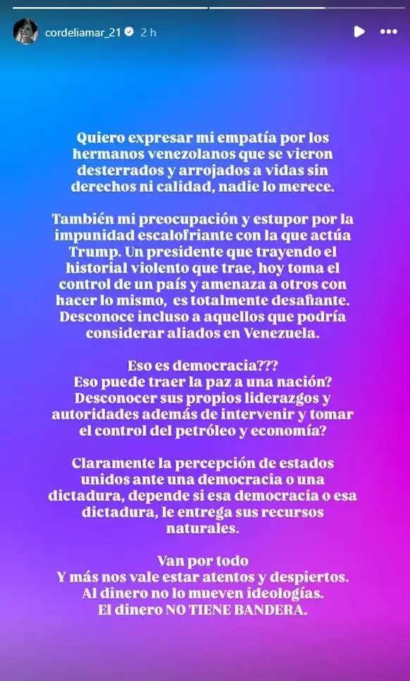 Mensaje de Mónica Sánchez tras intervención de Donald Trump en Venezuela. Foto: Instagram