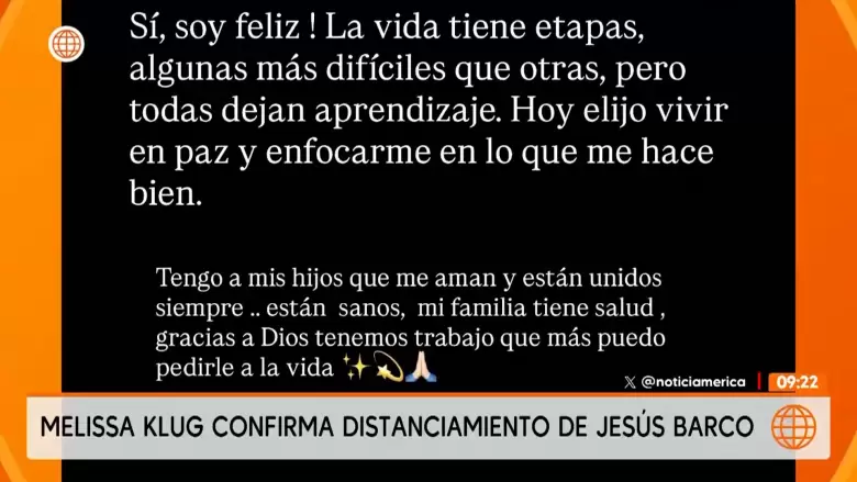 Melissa Klug habla tras distanciamiento con Jes�s Barco. (Am�rica Espect�culos)