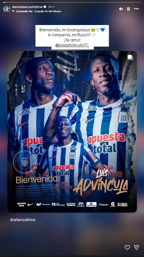 Daniela Darcourt felicita a Luis Adv�ncula por su fichaje en Alianza Lima.