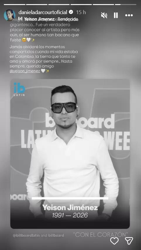 Daniela Darcourt lamenta el fallecimiento de Yeison Jímenez. (Foto: Instagram)