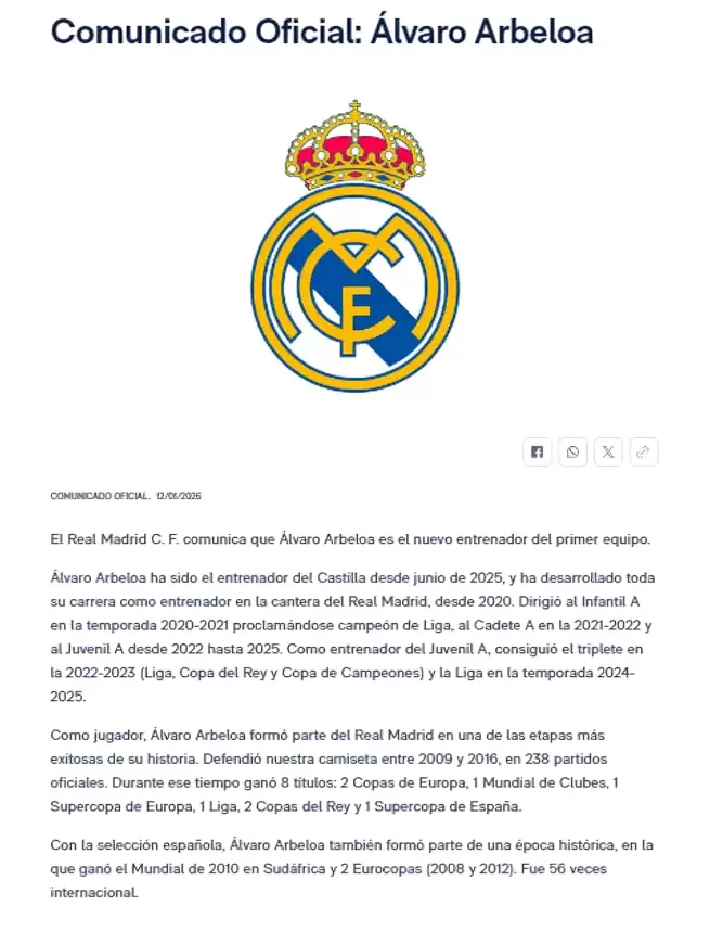 Real Madrid anuncia la incorporaci�n de Arbeloa como DT. (Foto: Captura)