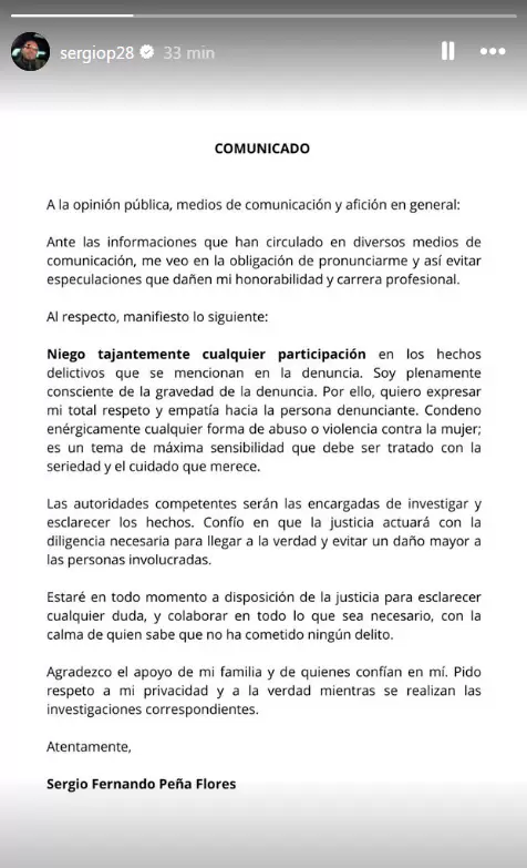 Comunicado de Sergio Pe�a
