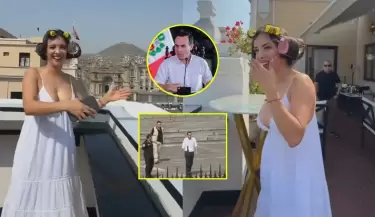 Ros�ngela Espinoza luci� emocionada al ver al presidente Jos� Jer� durante sesi�n de fotos.