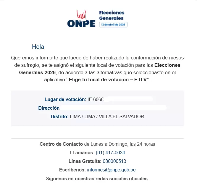 ONPE ya envi� correos donde se confirman los locales de votaci�n.