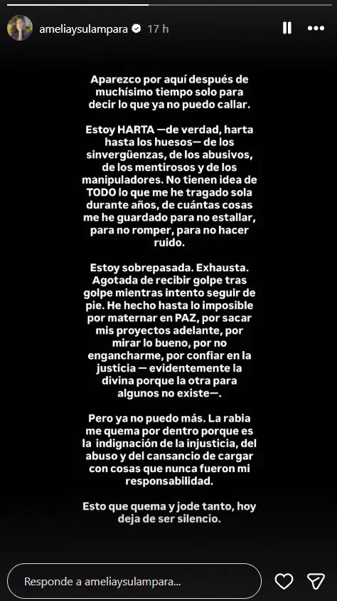 Mensaje de Andrea Cordero en Instagram.