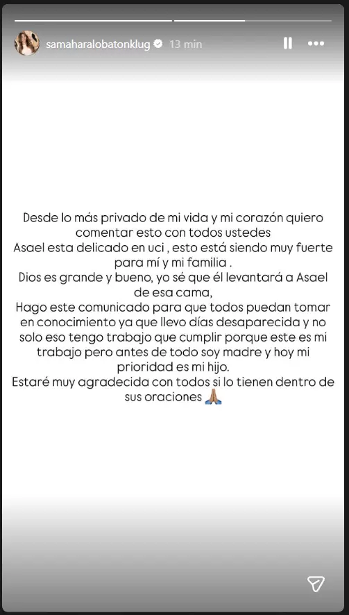 Comunicado de Samahara compartido en su Instagram.