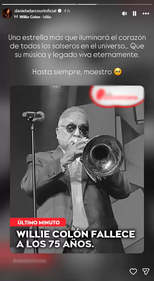 Daniela Darcourt lamenta muerte de Willie Colón. (Instagram)