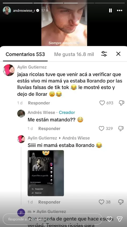 Andrés Wiese responde a usuario por su supuesta muerte. (Instagram)
