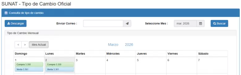 Precio del dólar del 1 al 2 de marzo. (SUNAT)