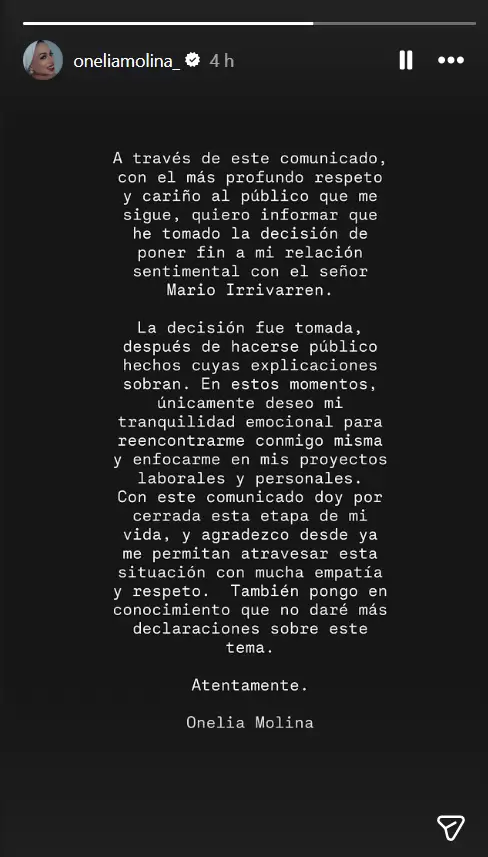 Comunicado de Onelia Molina tras ampay de Mario Irivarren en Argentina.