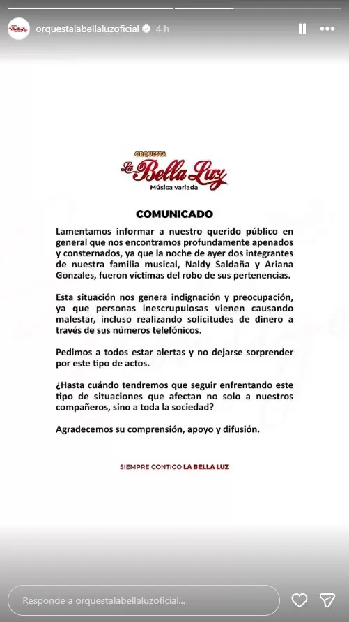 La Bella Luz comunica que robaron pertenencias de Naldy Salda�a y Ariana Gonzalez. (Instagram)