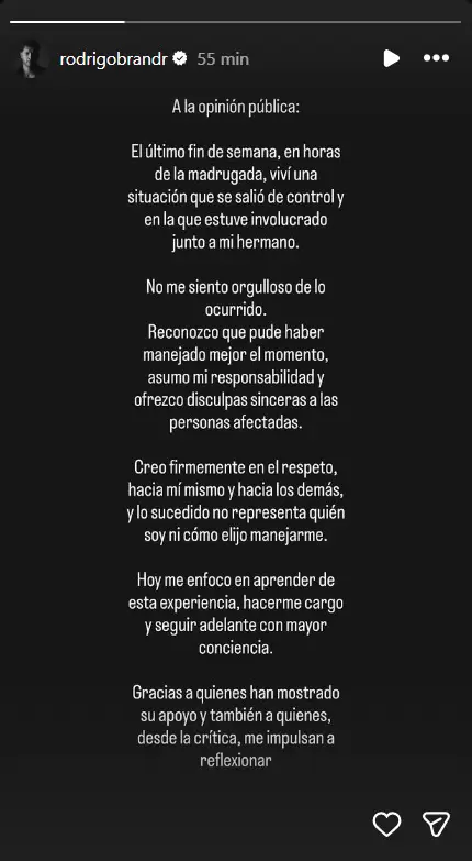 Rodrigo Brand hizo mea culpa en comunicado.