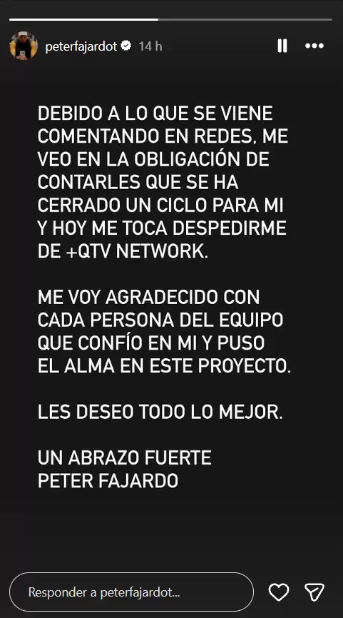 Peter Fajardo anuncia su salida de '+QTV'. (Instagram)