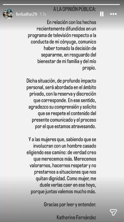 Katherine Fern�ndez, esposa de Pedro Aquino, emiti� un comunicado en redes sociales.