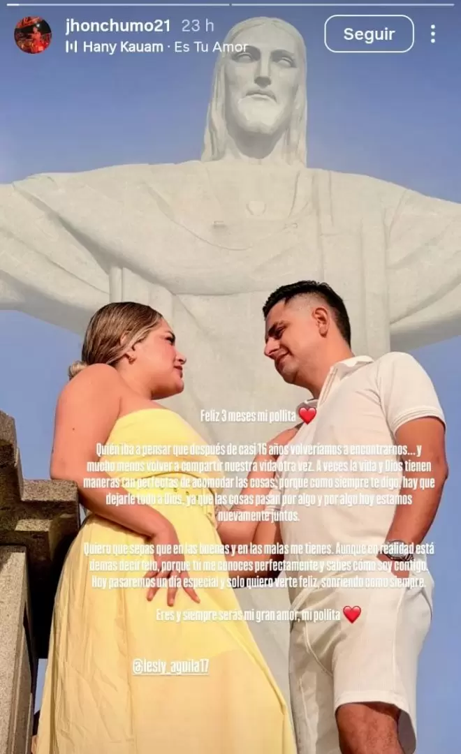 Jhon Chumo comparte emotivo mensaje a Lesly �guila por sus 3 meses de relaci�n. (Instagram)