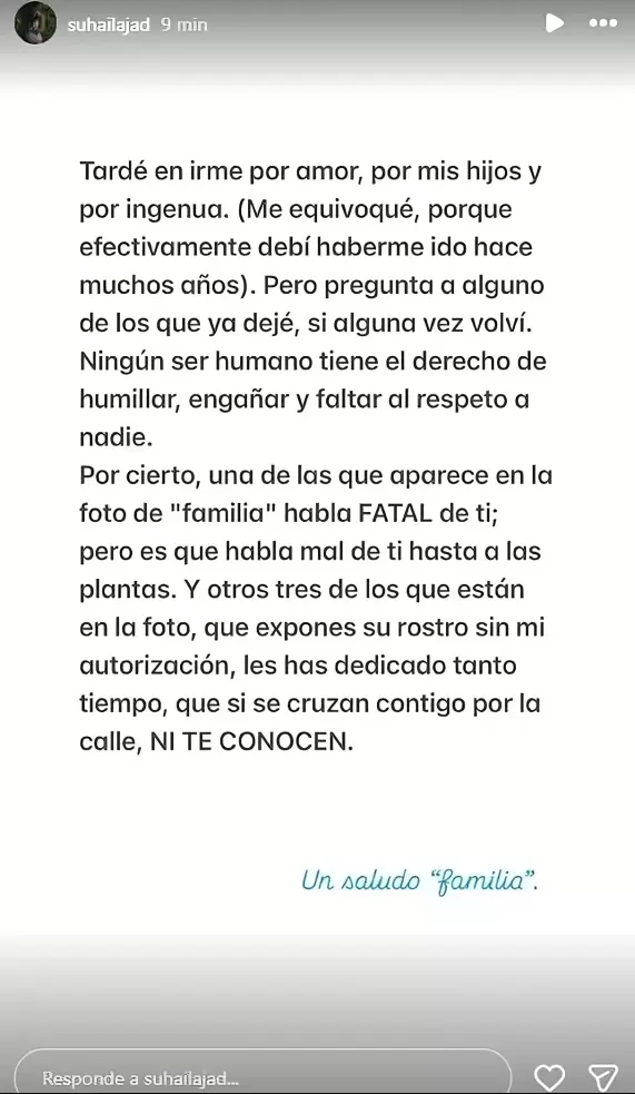 Suhaila Jad responde tras publicaciones de �lex Carrillo, padre de Andr� Carrillo.