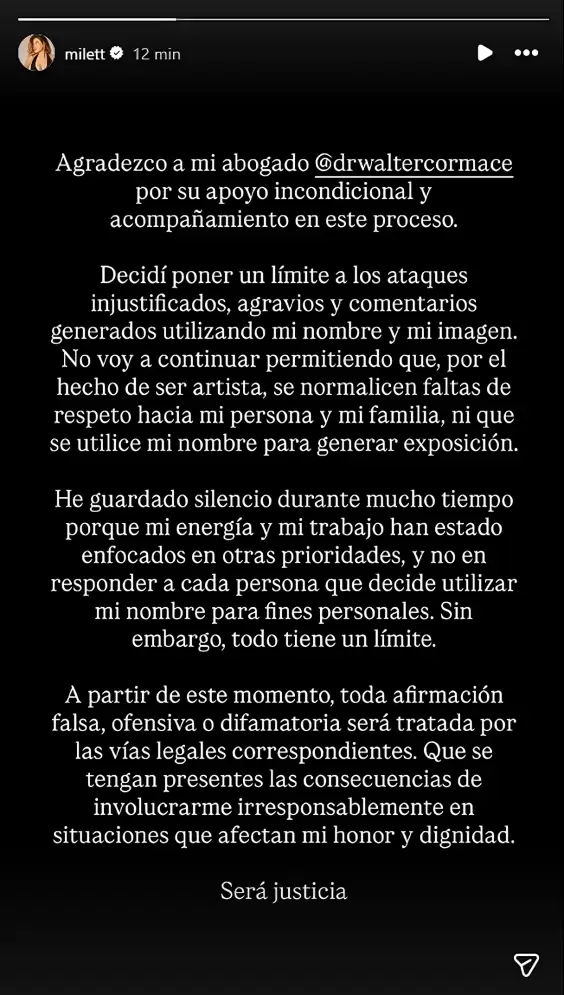 Milett Figueroa tomará acciones legales por difamación.
